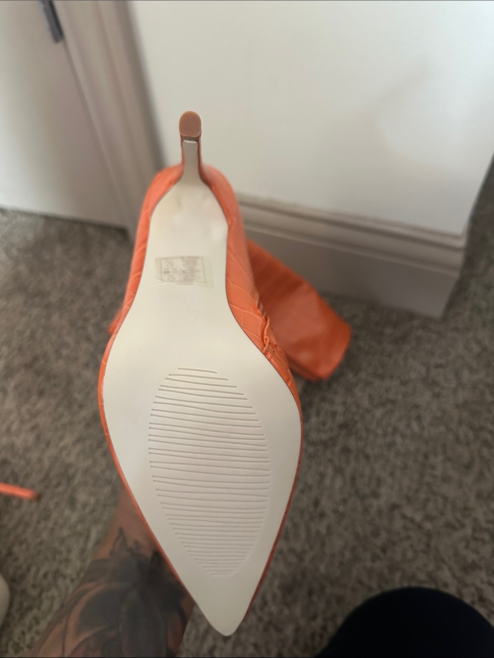 Over-the-Knee Croc-Embossed Pointed Toe Boots in Orange - Picture 2 of 3